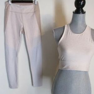 Outdoor Voices Warmup Set Oatmeal Slashback Crop Top Bra 7/8 TriColor Leggings